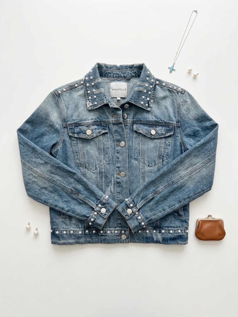 bagatelle Light Wash Denim Jacket with Pearl Trim